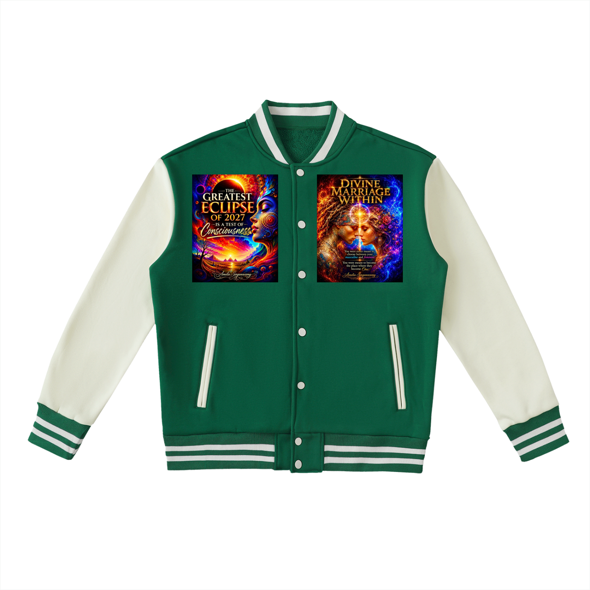 A green and cream varsity jacket featuring two colorful graphic prints on the chest. The left print reads 'GREATEST ECLIPSE OF ALL TIME' and the right print reads 'GREAT MOTHER AWAKENING'.
