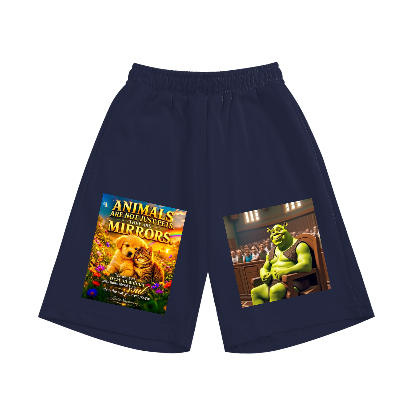 Navy blue shorts with two graphic prints on a white background
