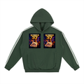 A dark green pullover hoodie with white stripes down the sleeves and a graphic print on the chest featuring the text 'THE POWER OF 37' and a glowing card design.