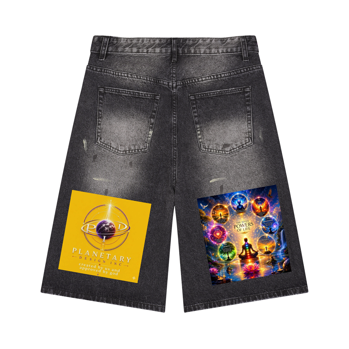 Black denim shorts with graphic designs on a white background