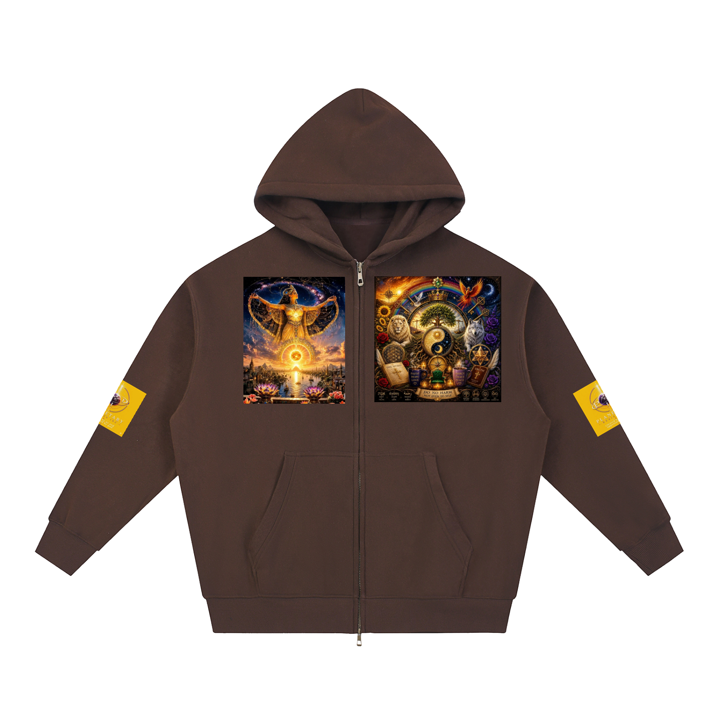 A dark brown zip-up hoodie with a hood, featuring a large colorful graphic print on the left chest and a smaller matching graphic on the right chest, with yellow sleeve patches on both arms, shown against a plain white background.