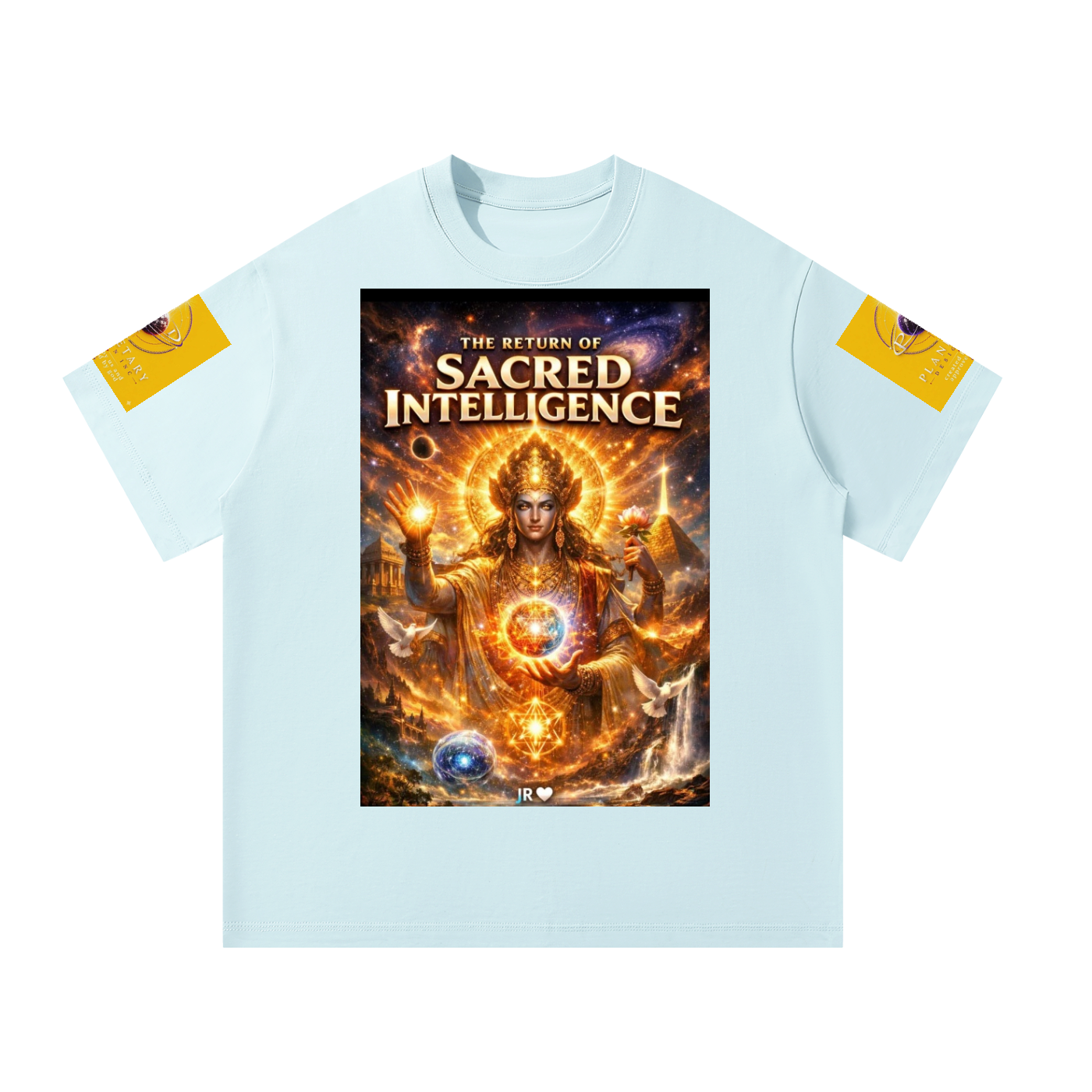 A light blue short-sleeve t-shirt with a large, detailed graphic print on the front reading 'THE RETURN OF SACRED INTELLIGENCE' and featuring a glowing, cosmic deity illustration. The sleeves have small yellow graphic patches.