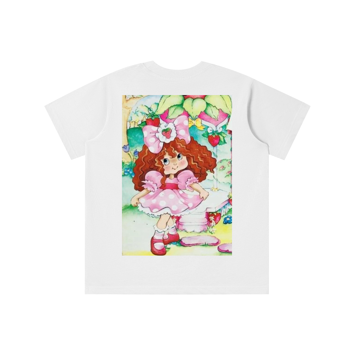 White t-shirt with a colorful cartoon character on a white background