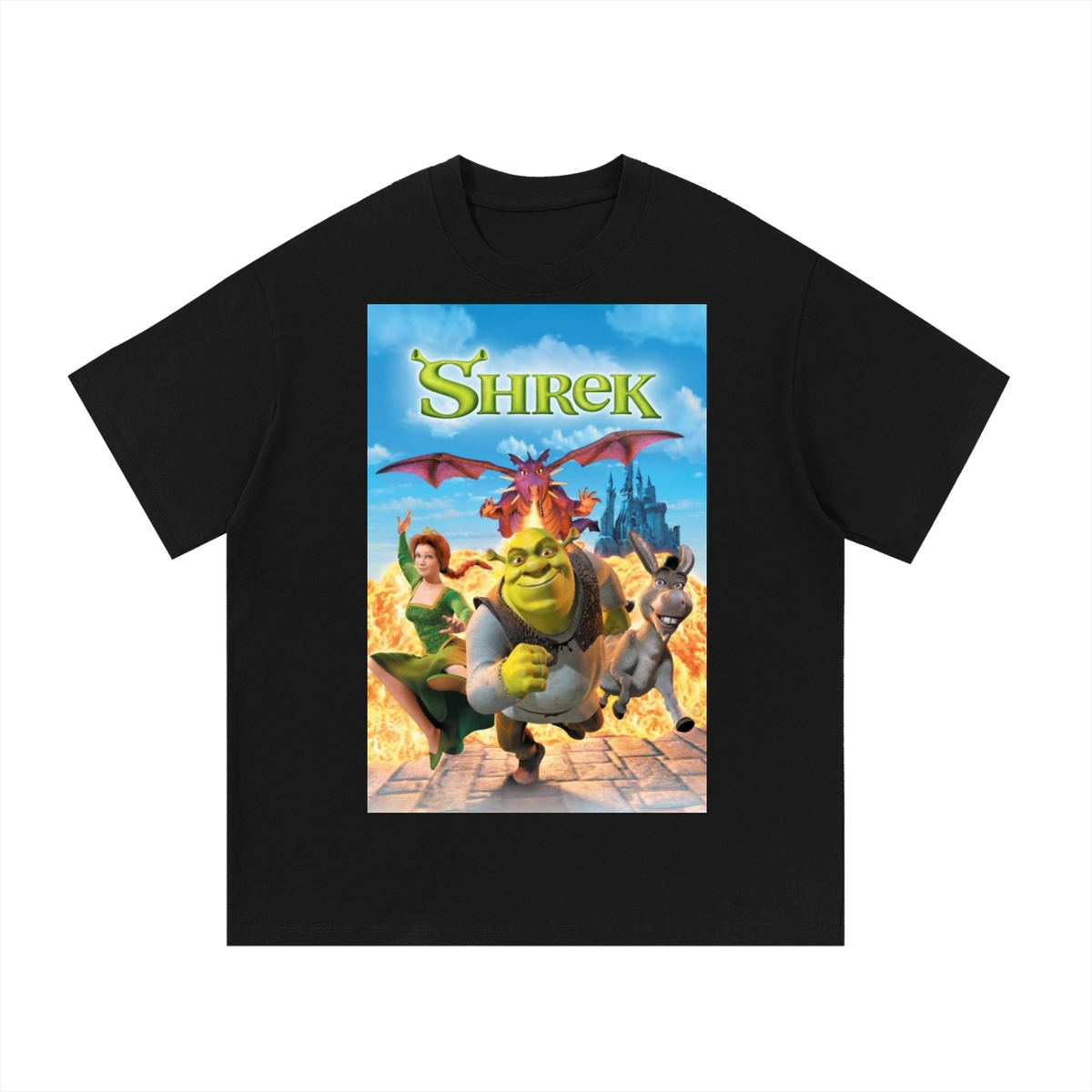 Black t-shirt with Shrek movie poster design on a white background