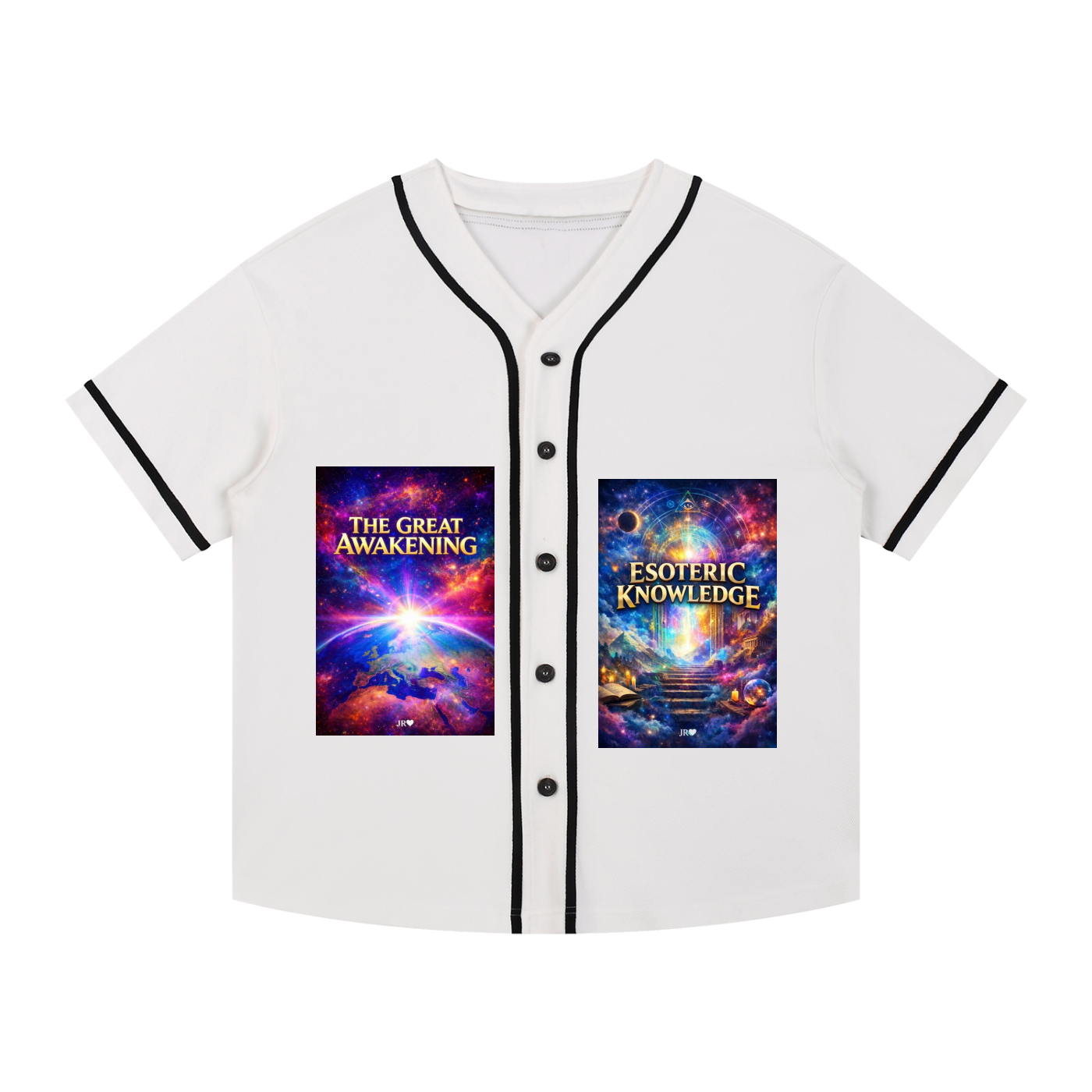 A white baseball-style short-sleeve button-up shirt with black trim on the collar, sleeves, and front placket. The shirt features two colorful cosmic-themed graphic prints on the chest, one reading 'The Great Awakening' and the other 'Esoteric Knowledge'.