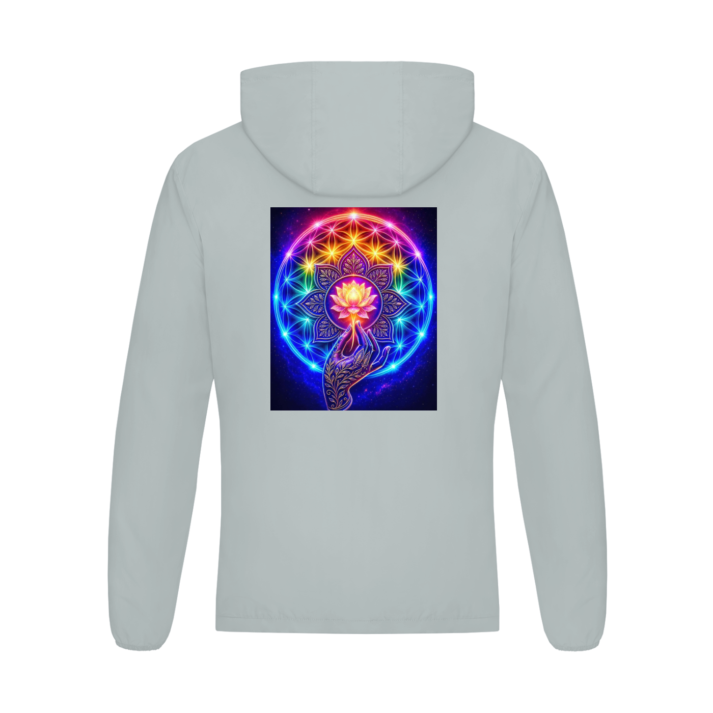 A light gray hooded sweatshirt shown from the back, featuring a large square graphic print on the center back with a glowing multicolor lotus flower and geometric mandala design.