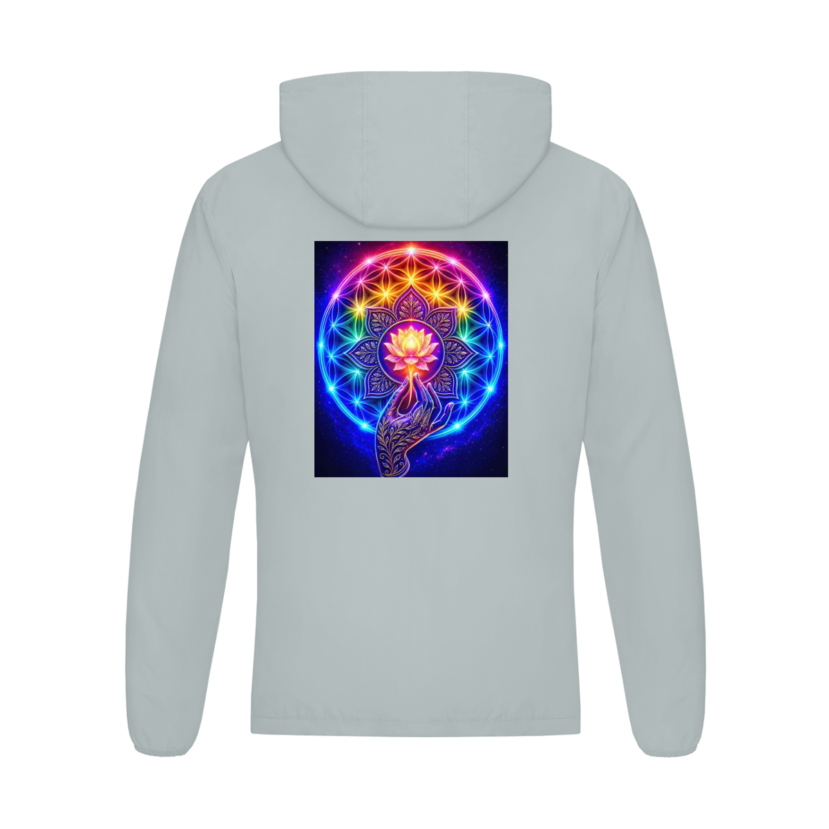 A light gray hooded sweatshirt shown from the back, featuring a large square graphic print on the center back with a glowing multicolor lotus flower and geometric mandala design.