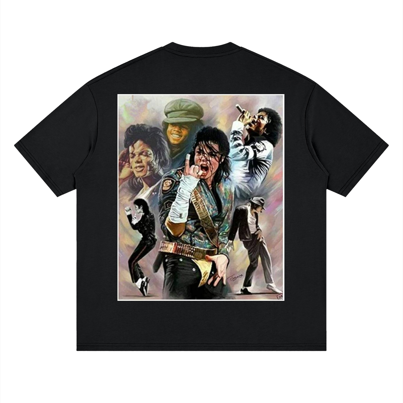Black t-shirt with a graphic of a famous musician in various poses on a white background