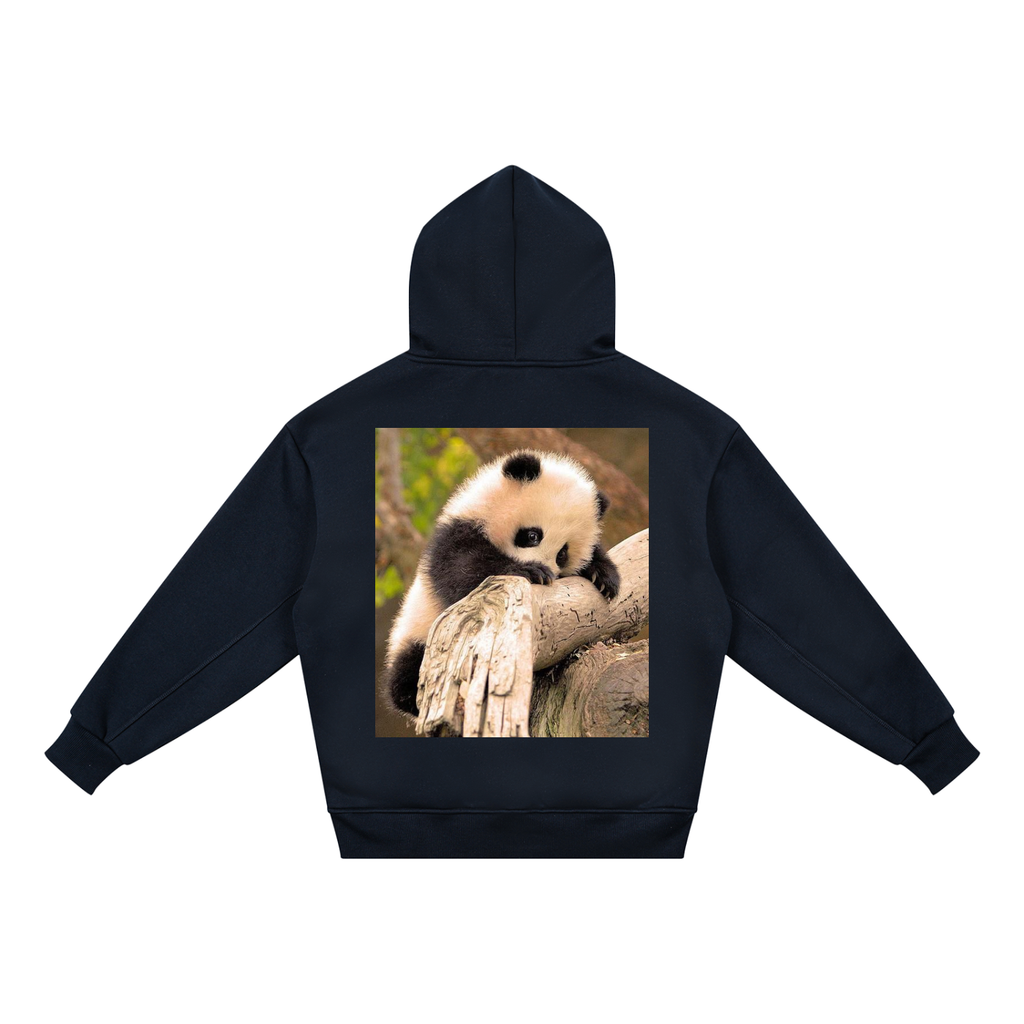 Black hoodie with a panda design on the back, displayed against a white background