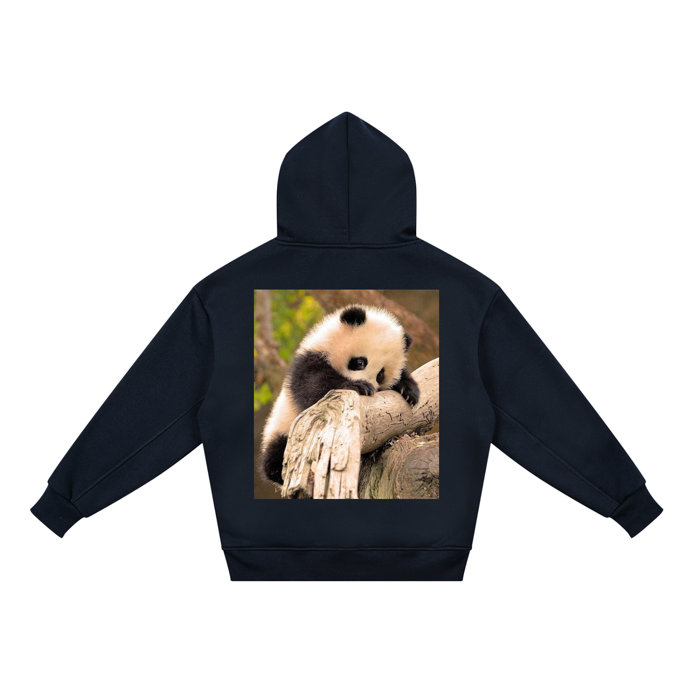 Black hoodie with a panda design on the back, displayed against a white background
