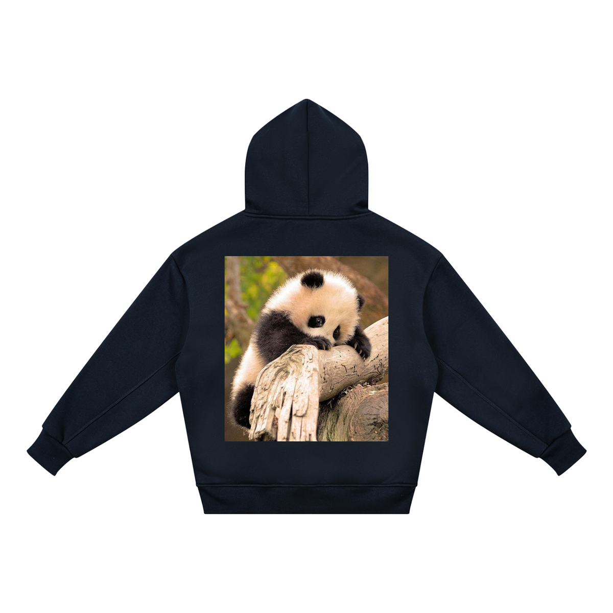 Black hoodie with a panda design on the back, displayed against a white background