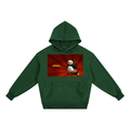 Green hoodie with a panda design on a red background