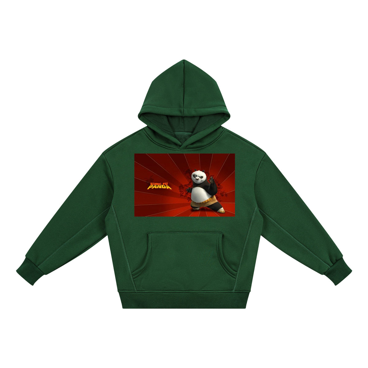 Green hoodie with a panda design on a red background