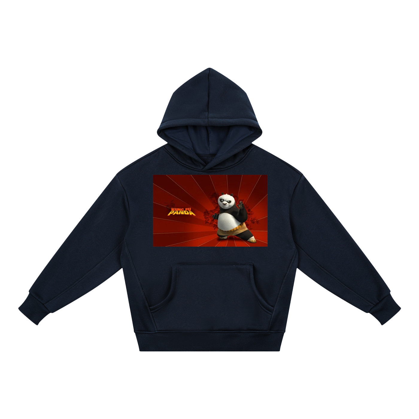 Navy blue hoodie with a Kung Fu Panda graphic on a white background