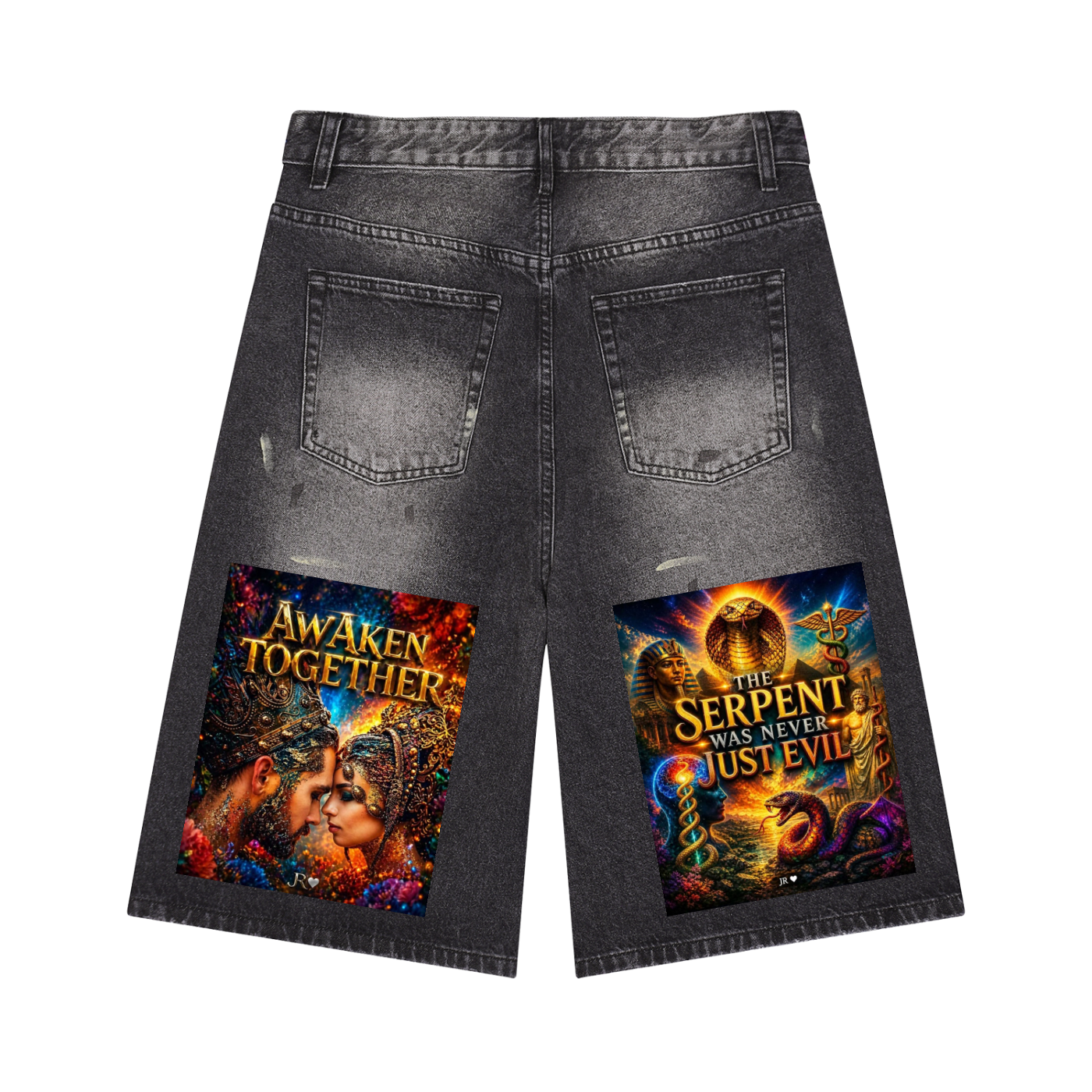 Black washed denim shorts with two large colorful graphic patches on the back pockets. The left patch reads 'Awaken Together' and shows a woman in a glowing mask.
