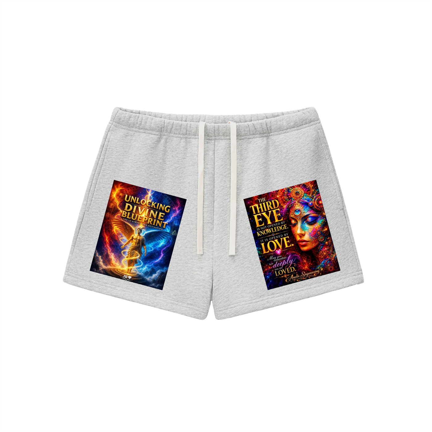 Light heather gray sweat shorts with white drawstrings, featuring two colorful graphic prints on the front legs. The left graphic reads 'UNLOCKING DIVINE BLUEPRINT' and the right graphic reads 'THE THIRD EYE KNOWS LOVE'.
