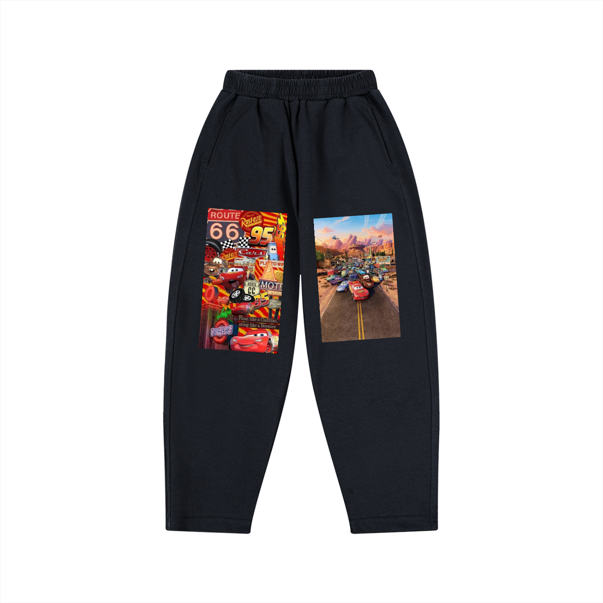 Black pants with graphic designs on a white background
