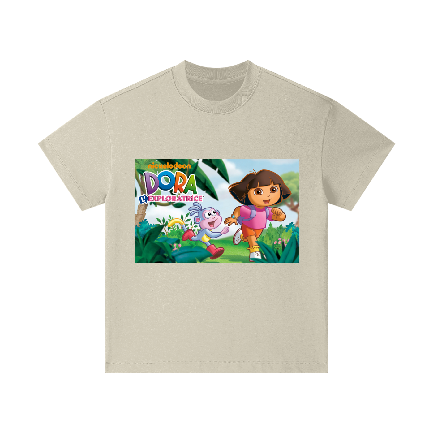 Beige t-shirt with Dora the Explorer graphic on a white background