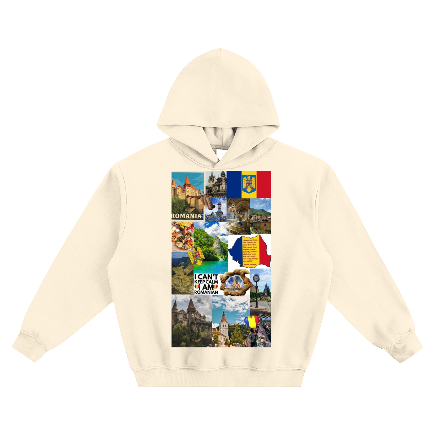 Beige hoodie with a colorful design featuring flags and scenic images on a white background