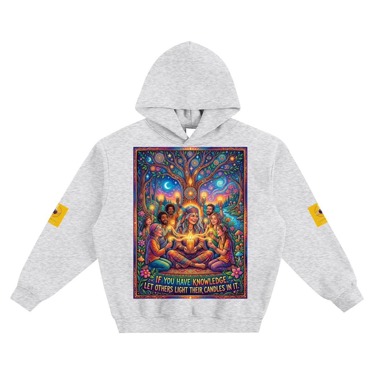 A light heather gray boxy fit hoodie with a large, colorful graphic print on the front showing a glowing figure surrounded by people under a tree.