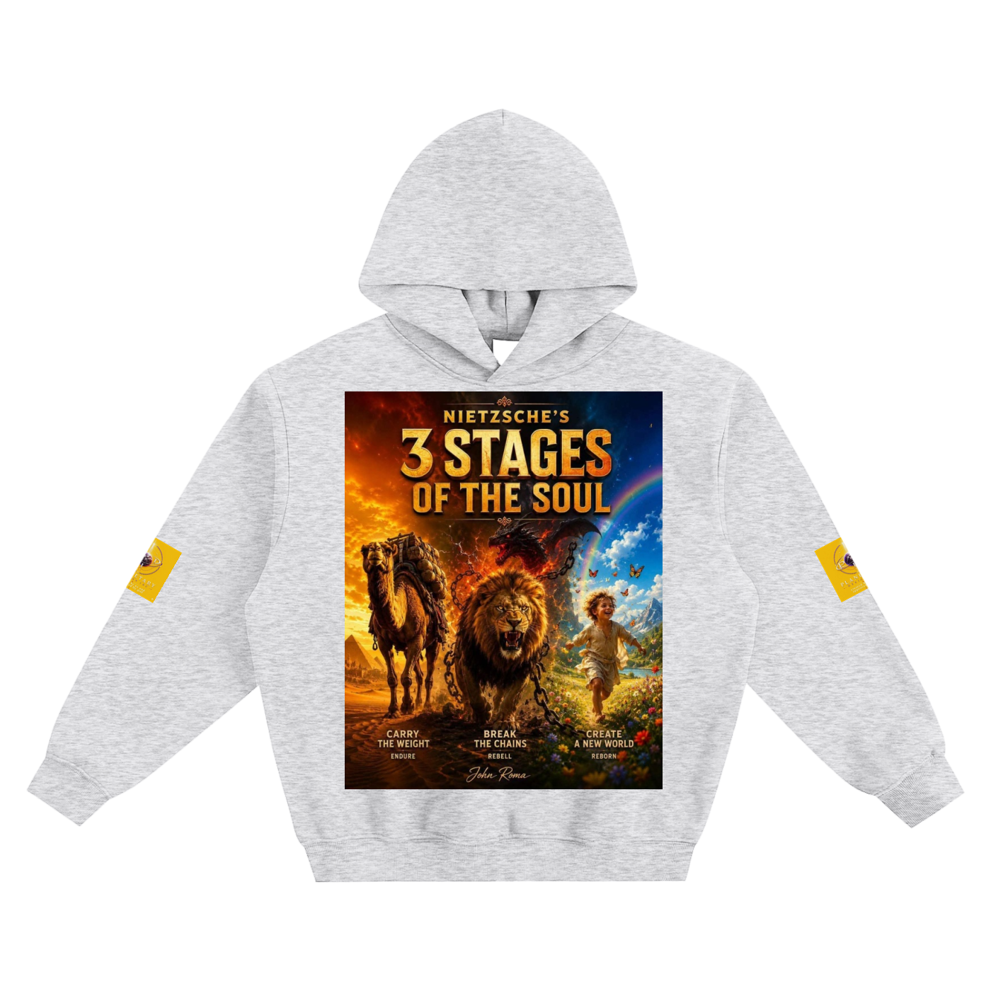 Gray hoodie with '3 Stages of the Soul' graphic design on a white background