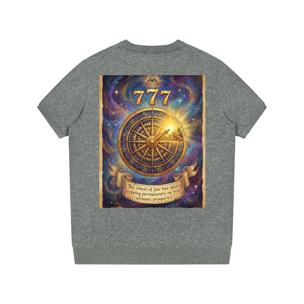 A heather gray short-sleeve t-shirt shown from the back, featuring a large rectangular graphic print with a cosmic purple and blue background, a golden compass wheel, the number 777, and a banner with text.
