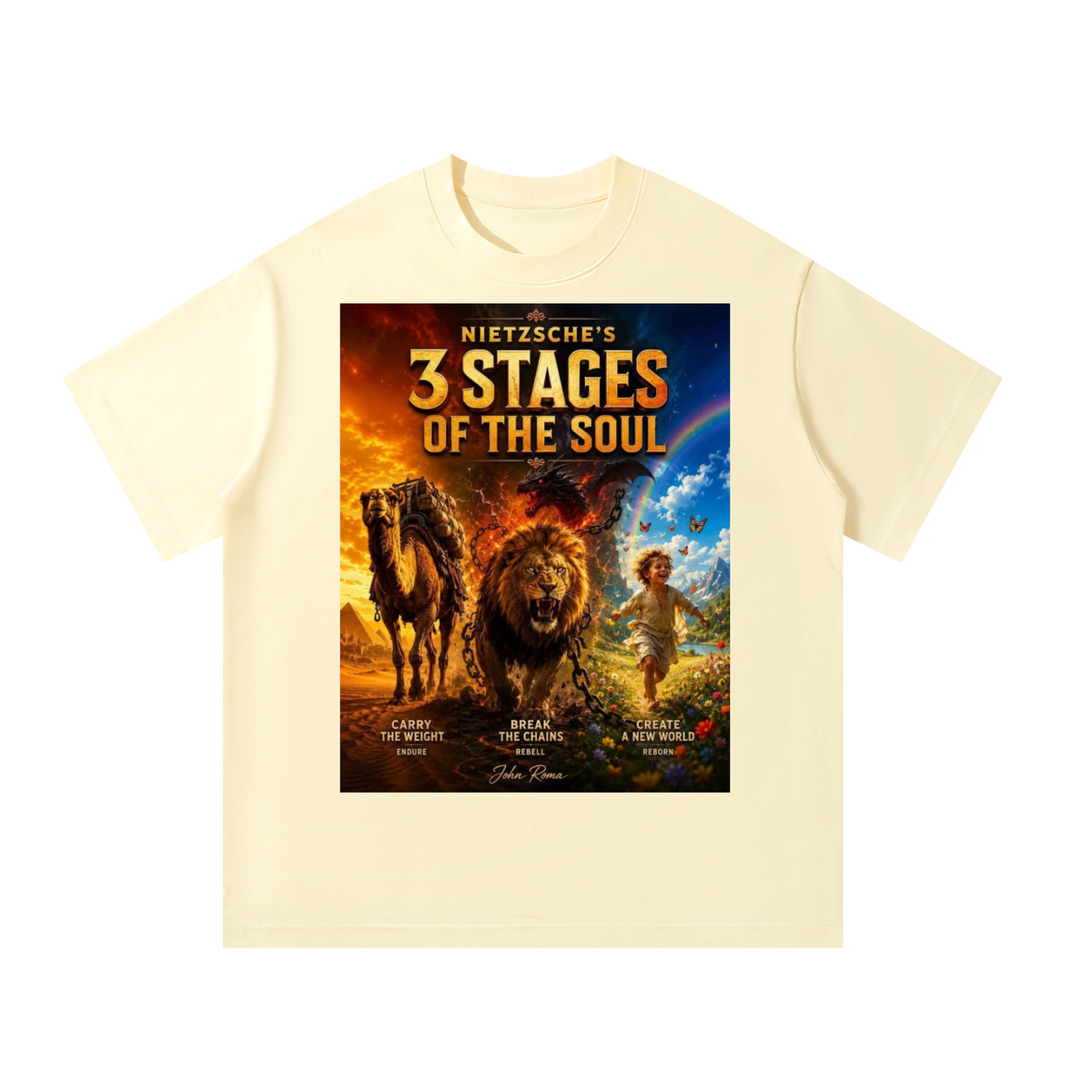 Beige t-shirt with '3 Stages of the Soul' graphic design featuring a lion, horse, and child.