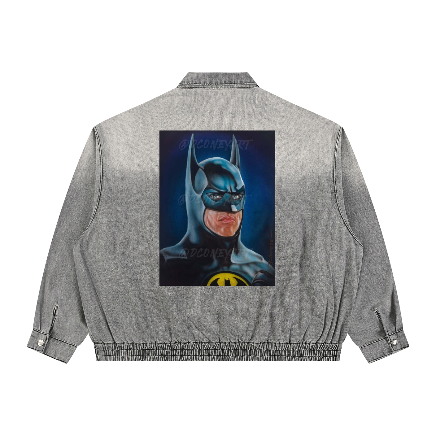 Gray jacket with a graphic of a superhero on the back against a white background