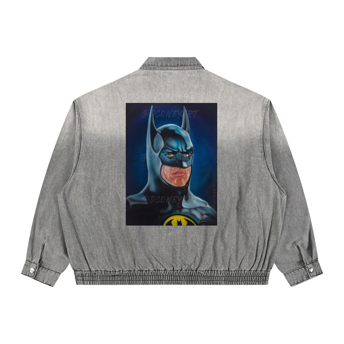 Gray jacket with a graphic of a superhero on the back against a white background