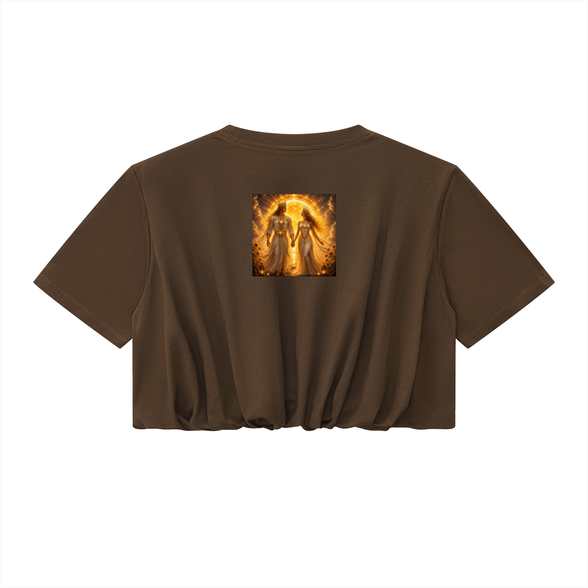 Brown t-shirt with a graphic design on the back against a white background