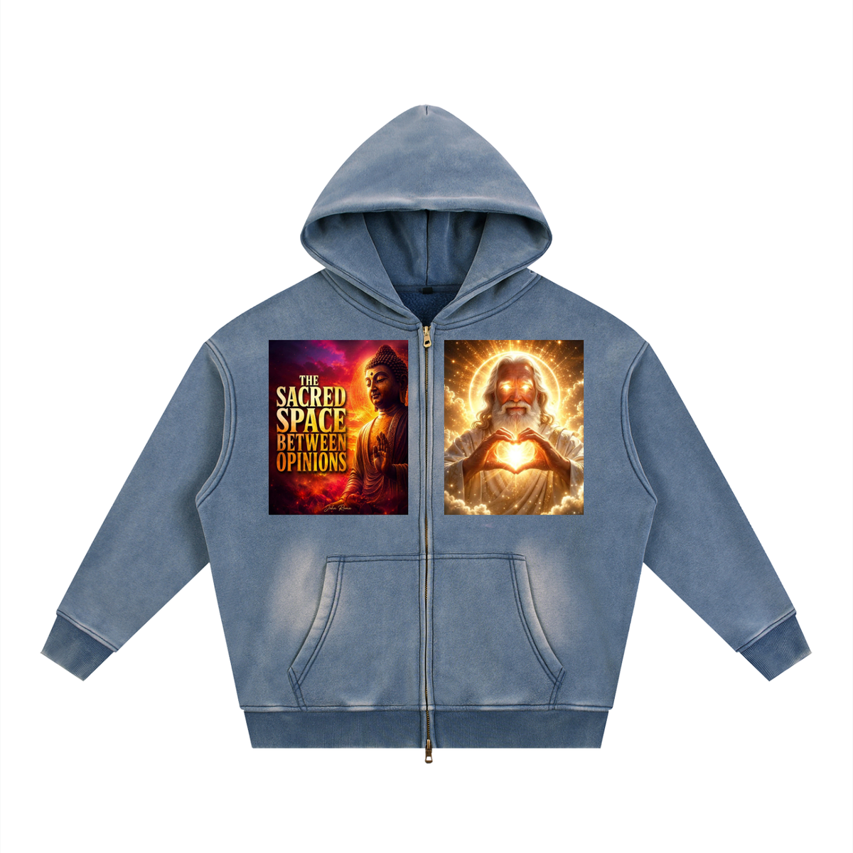 Blue hoodie with graphic designs on a white background