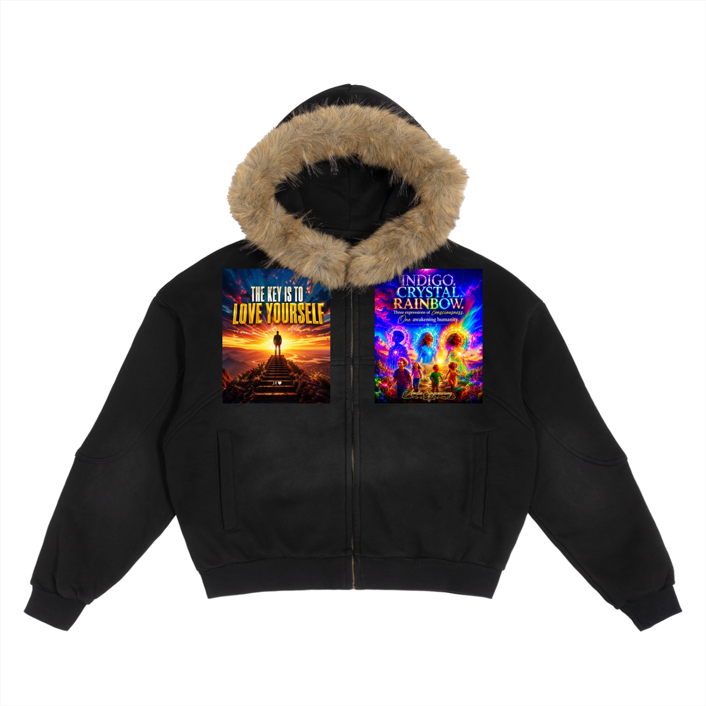 A black zip-up hoodie with a brown faux-fur trimmed hood, featuring two colorful graphic prints on the chest. The left graphic reads 'THE KEY IS TO LOVE YOURSELF' with a sunset scene, and the right graphic reads 'ANDREA CRYSTAL RAINBOW' with a vibrant rainbow illustration.