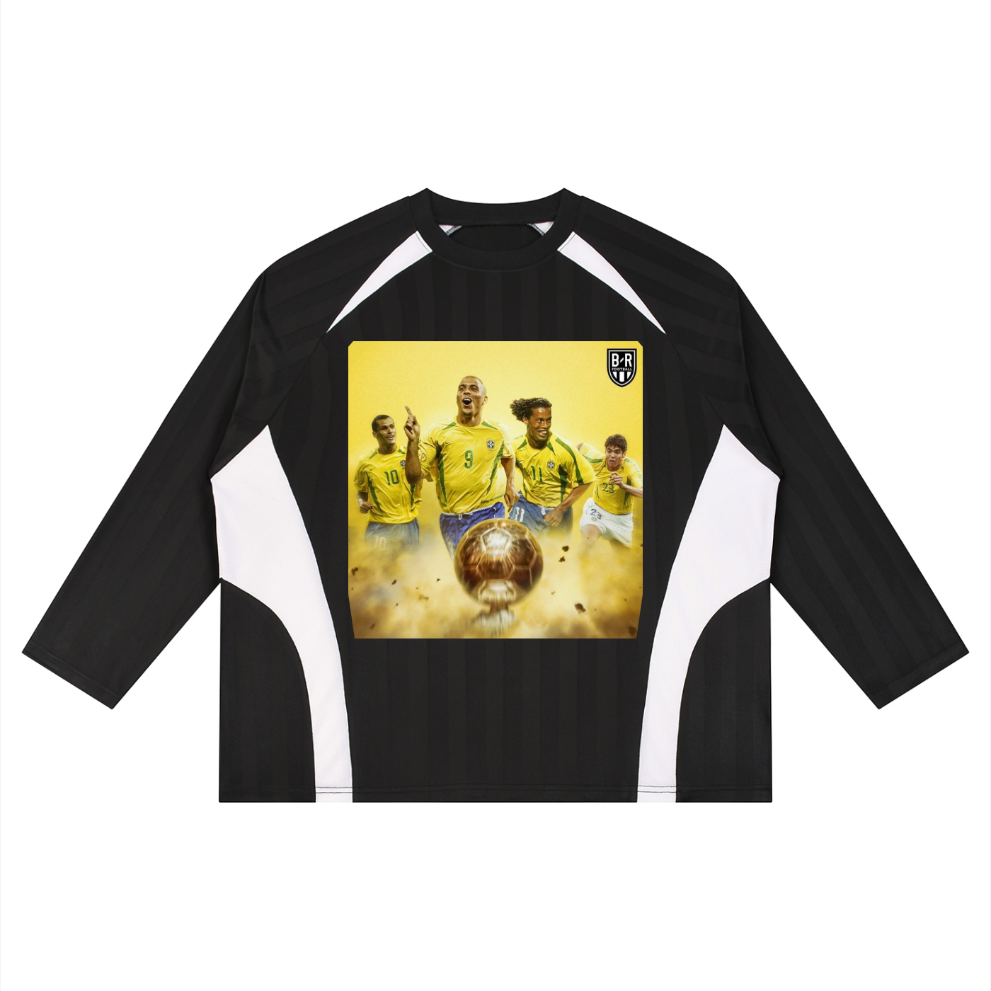 Black and white long-sleeve shirt with a soccer-themed graphic on a white background