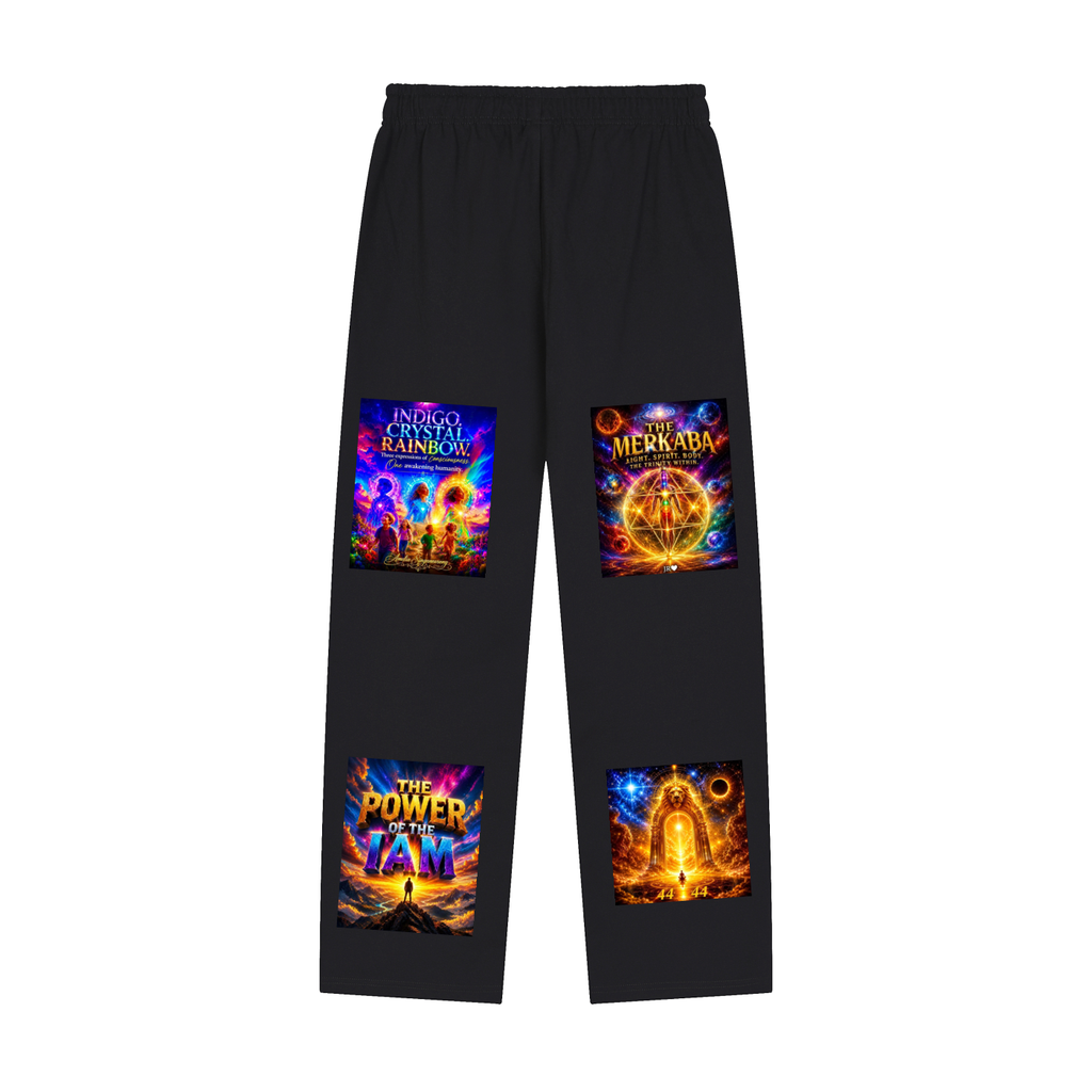 Black sweatpants featuring four colorful graphic prints on the legs, showcasing album art from the band 'The Power of Yan'.