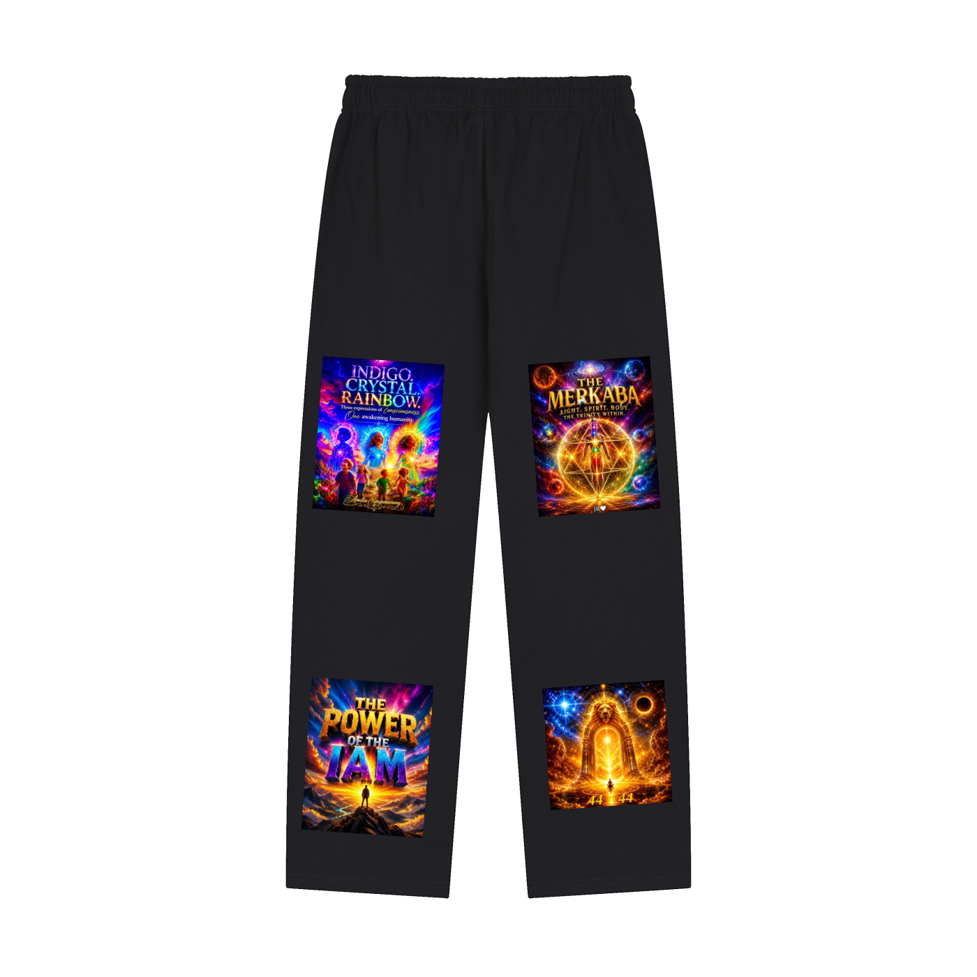 Black sweatpants featuring four colorful graphic prints on the legs, showcasing album art from the band 'The Power of Yan'.