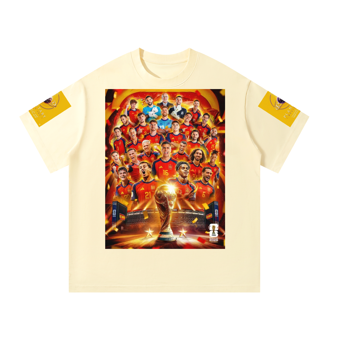 A cream-colored short-sleeve t-shirt featuring a large, vibrant graphic print of the 2022 FIFA World Cup Qatar winners on the front, with yellow patches on both sleeves, displayed on a solid white background.