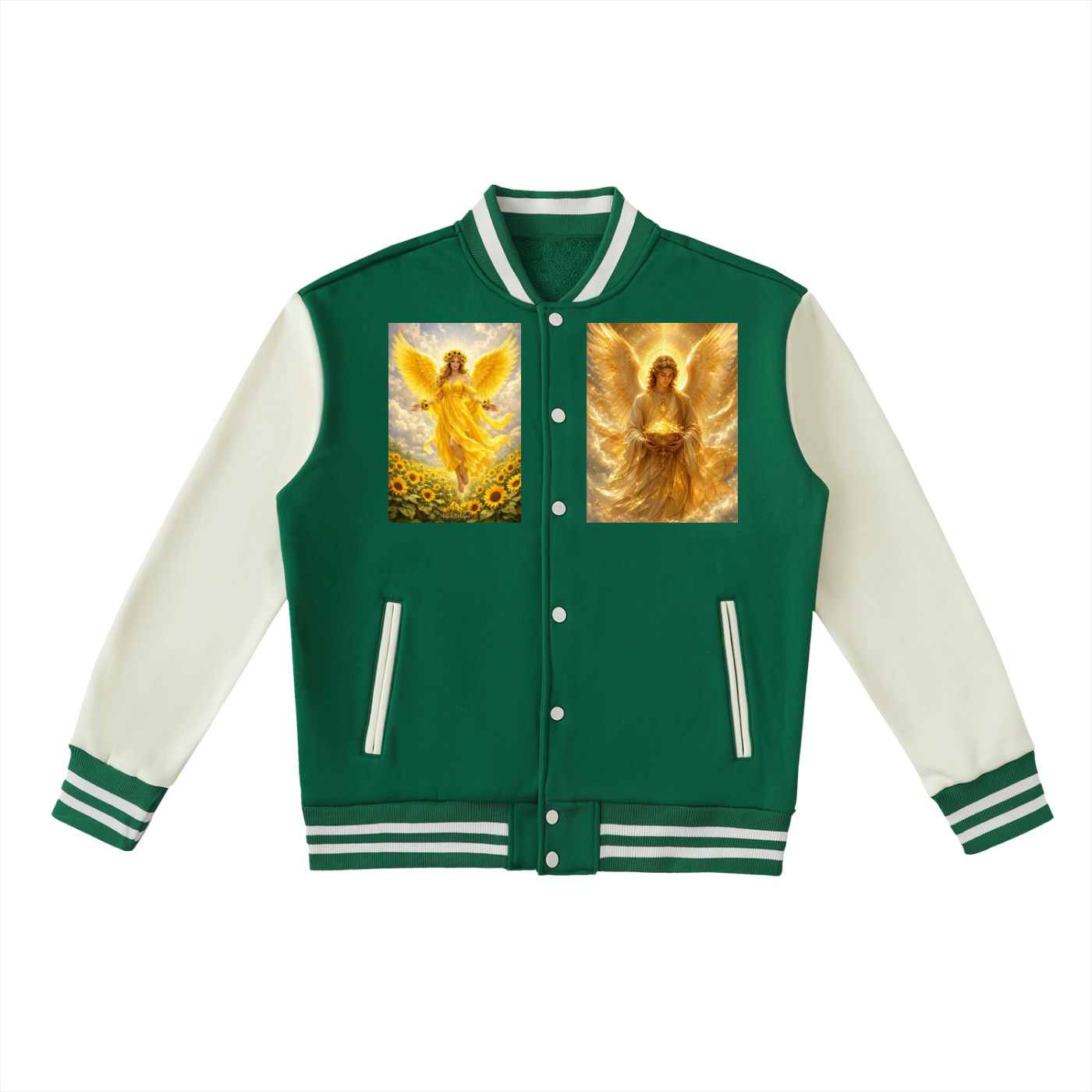 A green and white varsity-style jacket with two square graphic prints of golden-winged angel figures on the chest, shown on a plain white background.