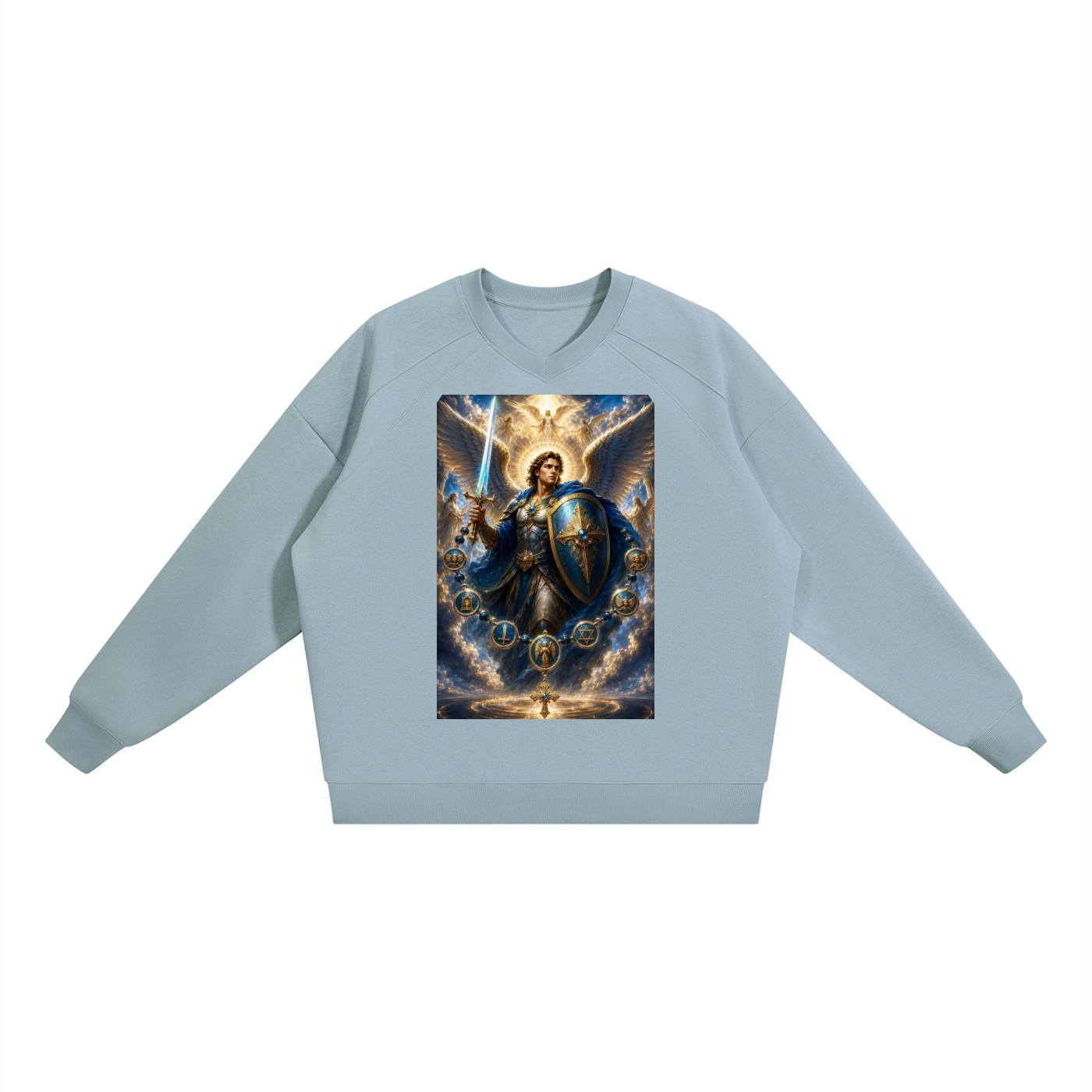 A light blue crewneck sweatshirt featuring a large, detailed graphic print of a fantasy warrior angel on the chest, displayed against a solid white background.