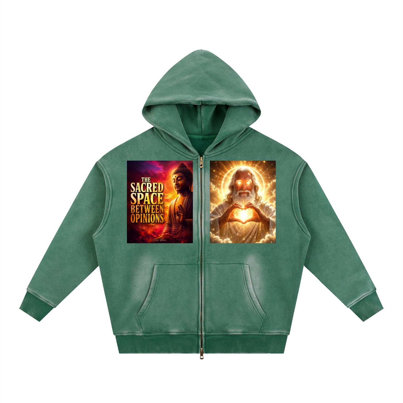 Green hoodie with graphic designs on a white background