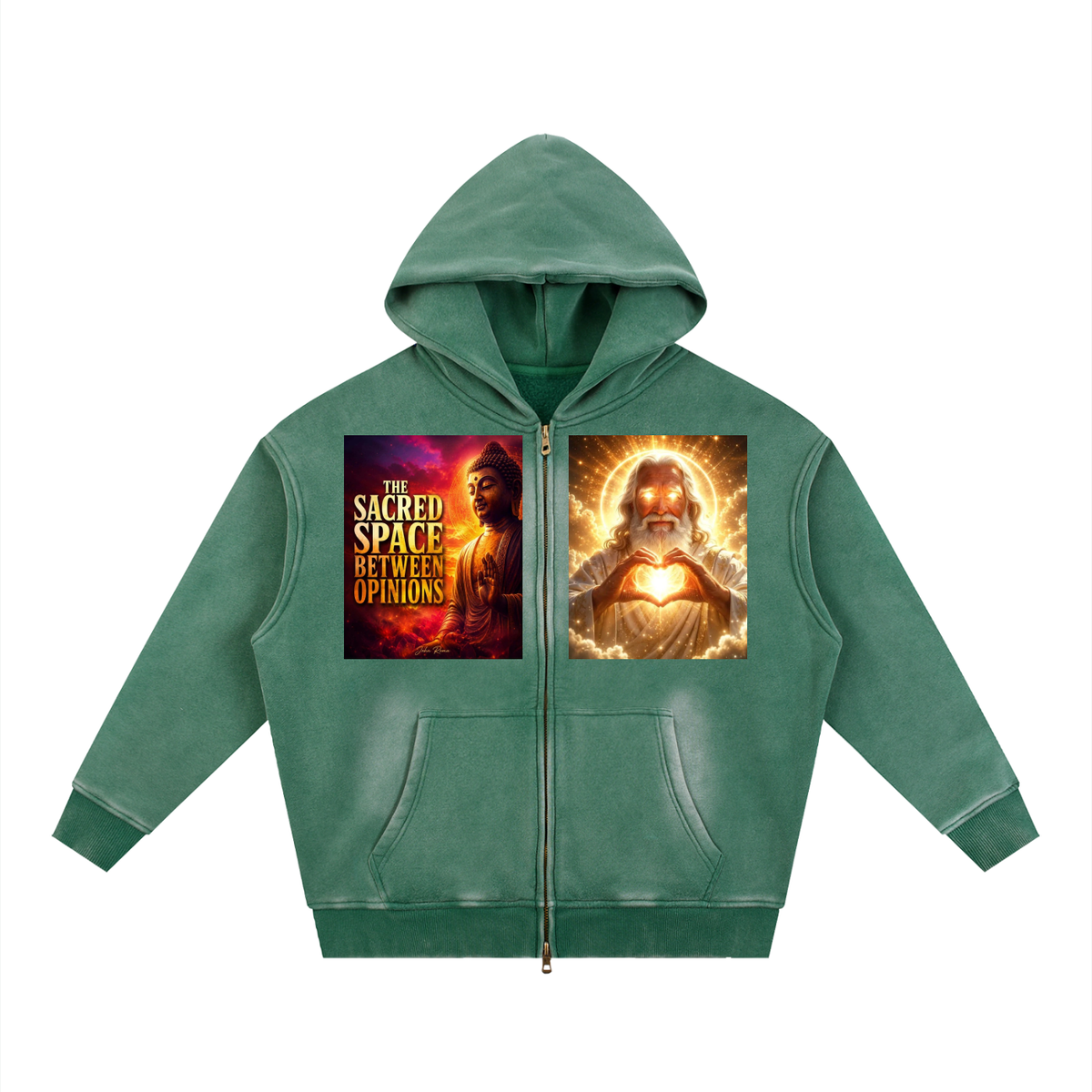Green hoodie with graphic designs on a white background