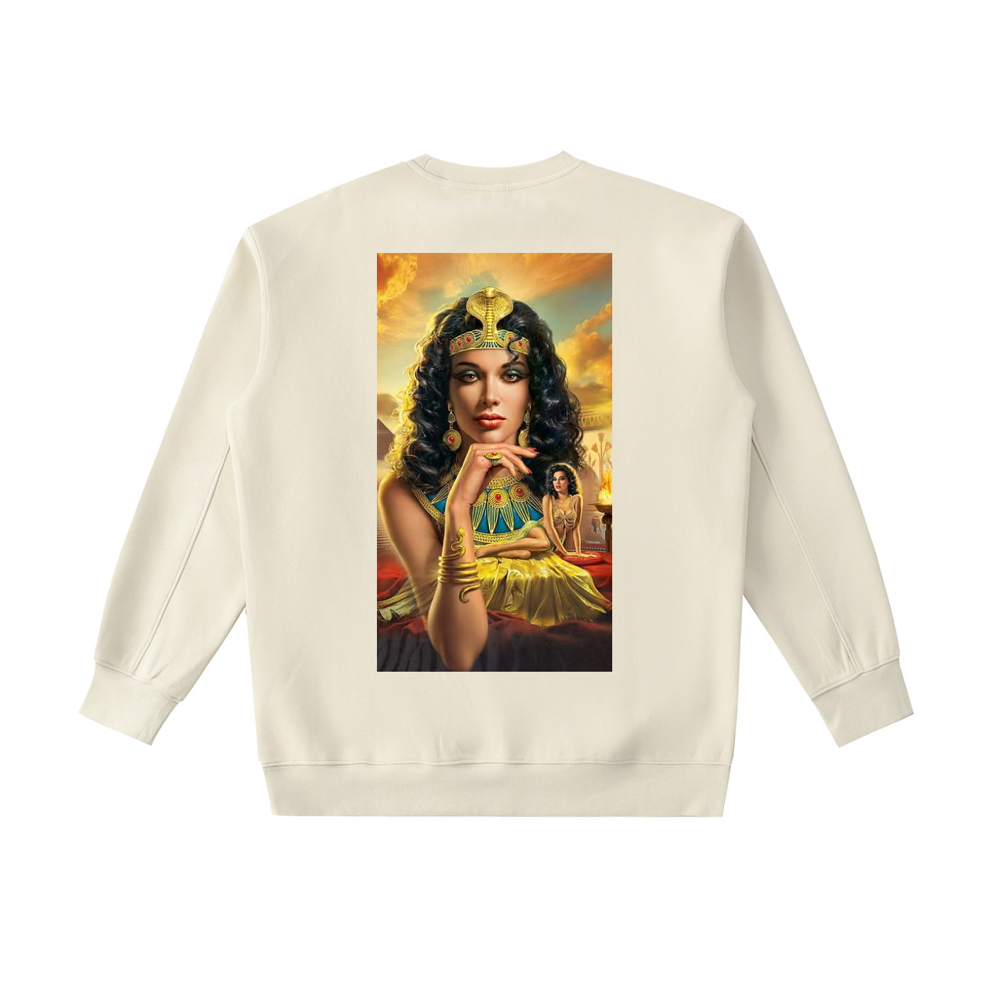 Beige sweatshirt with a graphic of a woman in an ornate dress on the back, set against a white background.