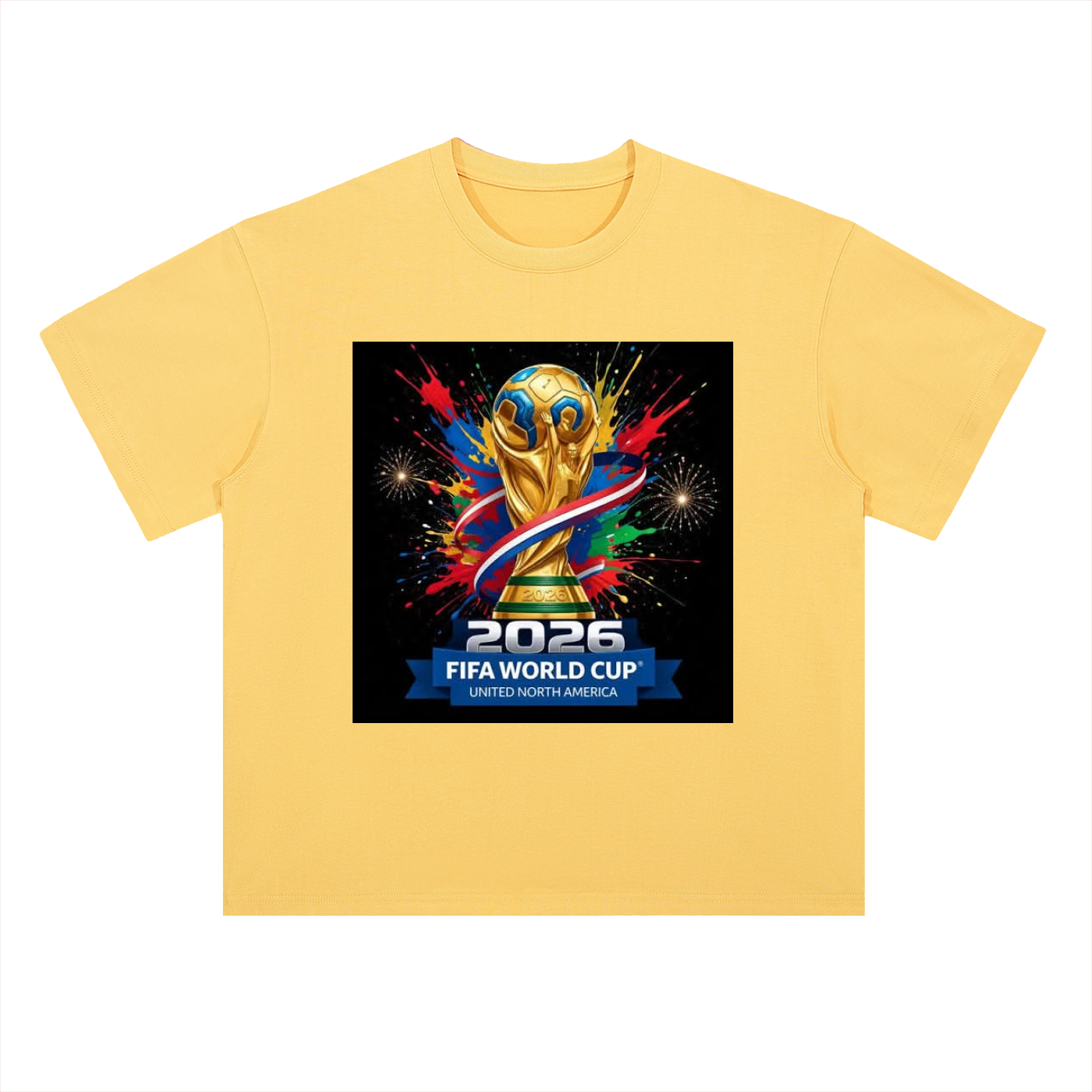 Yellow t-shirt with FIFA World Cup 2026 logo on a white background