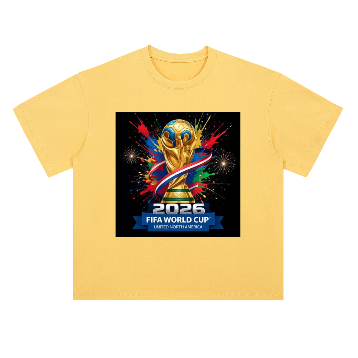 Yellow t-shirt with FIFA World Cup 2026 logo on a white background