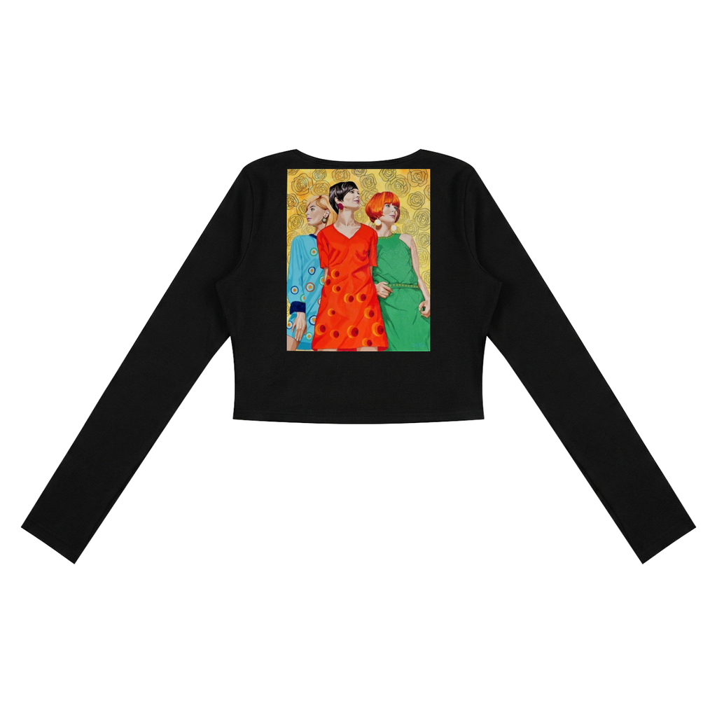 Black long-sleeve top with a graphic of three women on the back against a white background