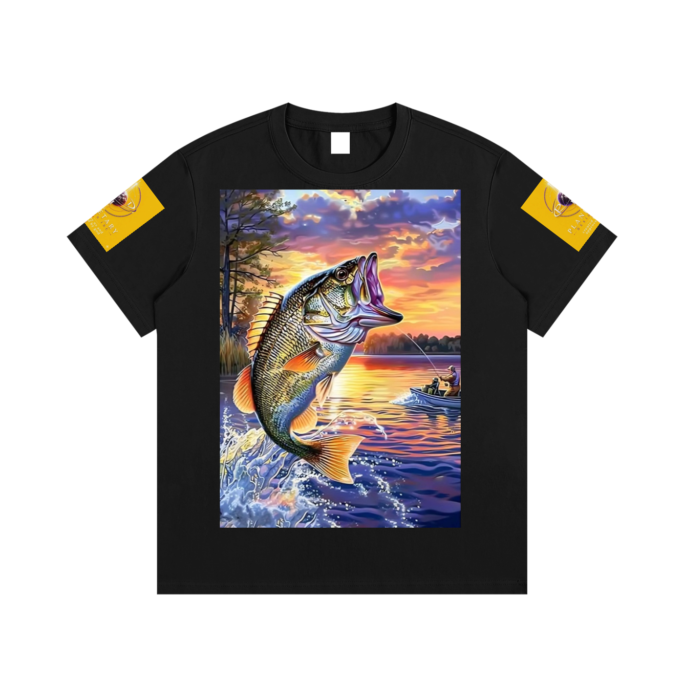Black t-shirt with a fish graphic on a scenic lake background