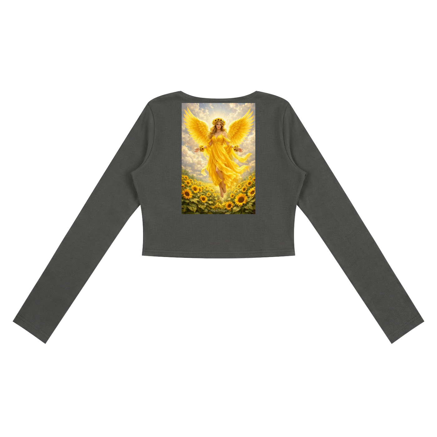 A dark gray long-sleeve crop top featuring a large graphic print of a golden angel standing in a field of sunflowers on the front, displayed against a solid white background.