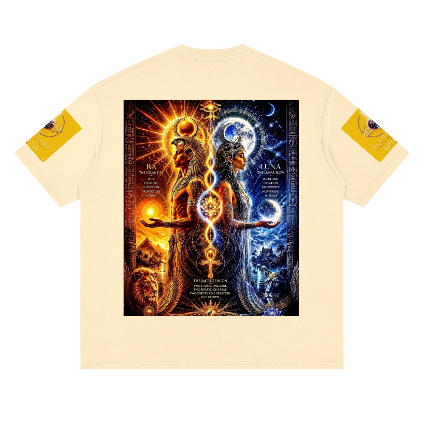 Beige t-shirt with a graphic design of two figures and celestial elements on a white background