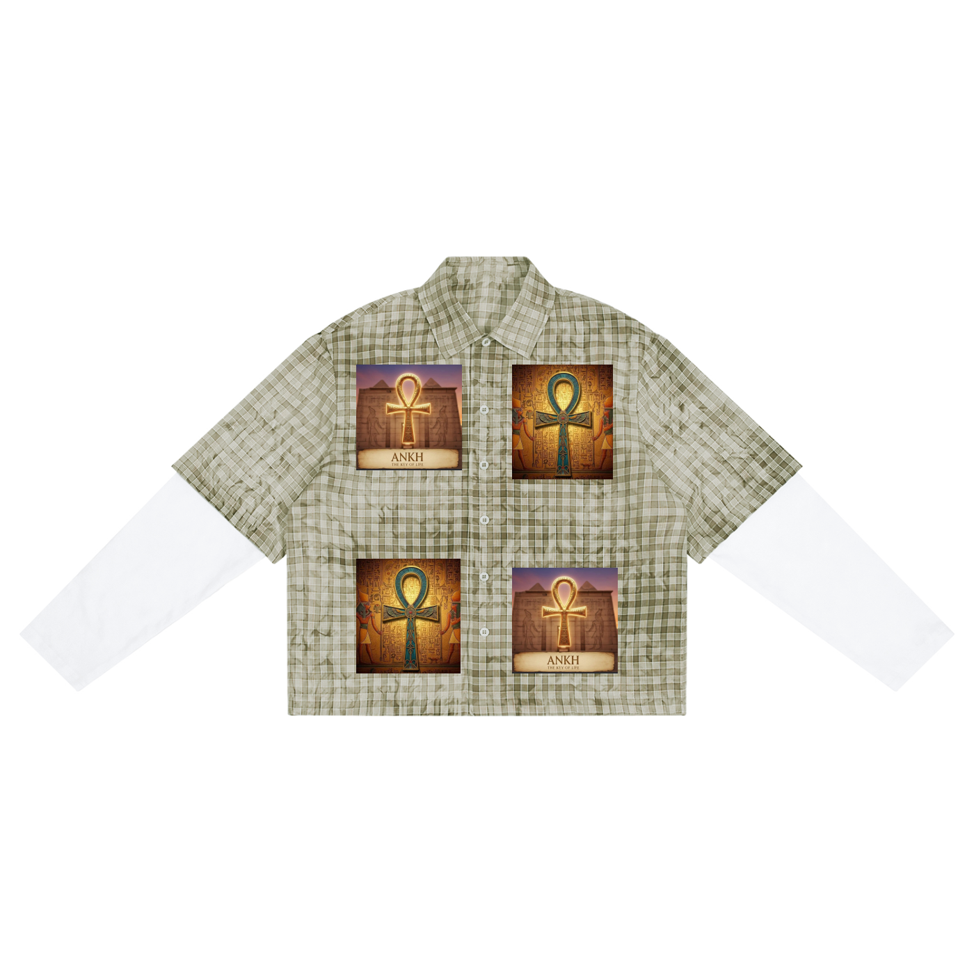 A short-sleeve button-up shirt with a beige and green gingham pattern, featuring four square graphics of Egyptian ankh symbols on the front. The shirt is displayed flat against a solid white background.