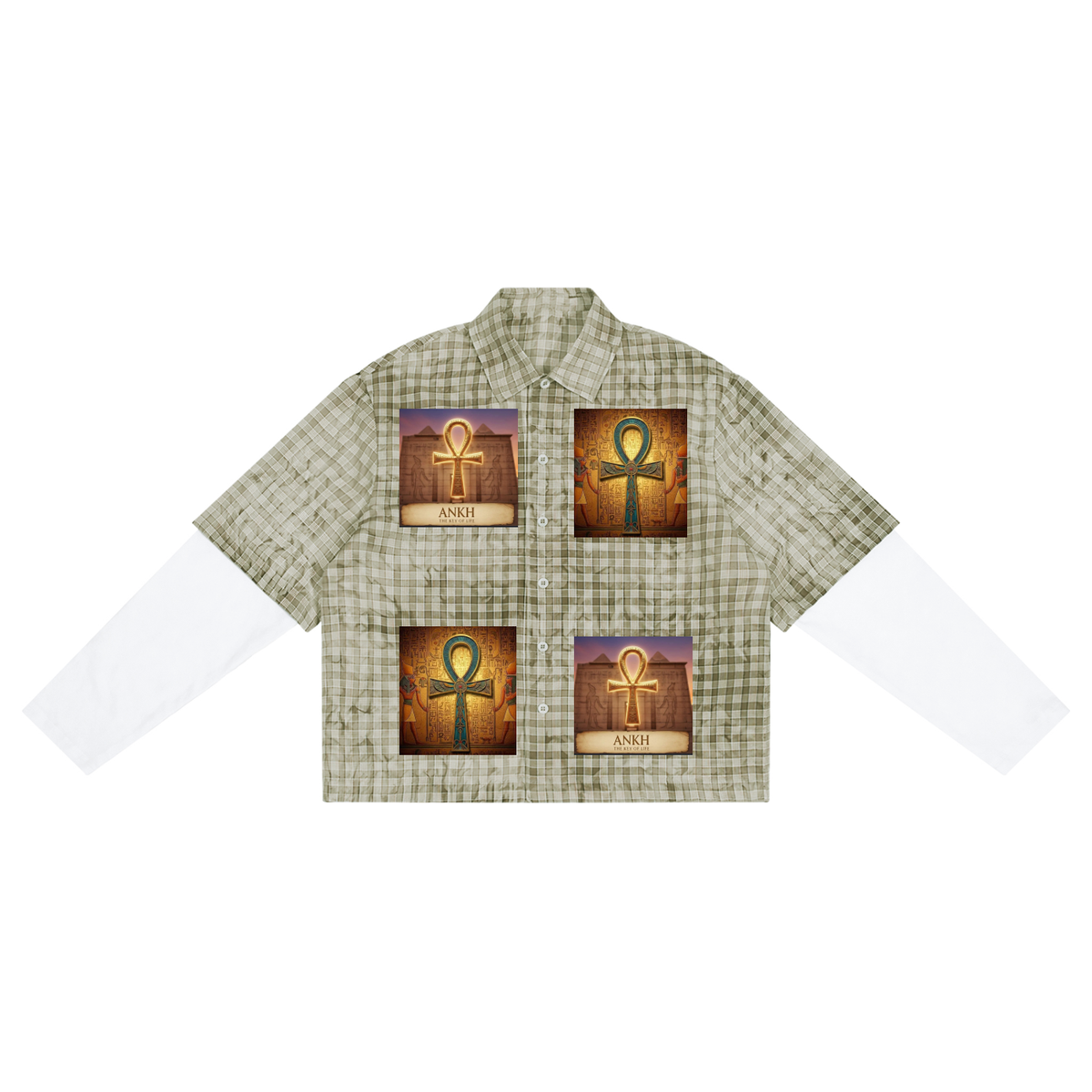 A short-sleeve button-up shirt with a beige and green gingham pattern, featuring four square graphics of Egyptian ankh symbols on the front. The shirt is displayed flat against a solid white background.
