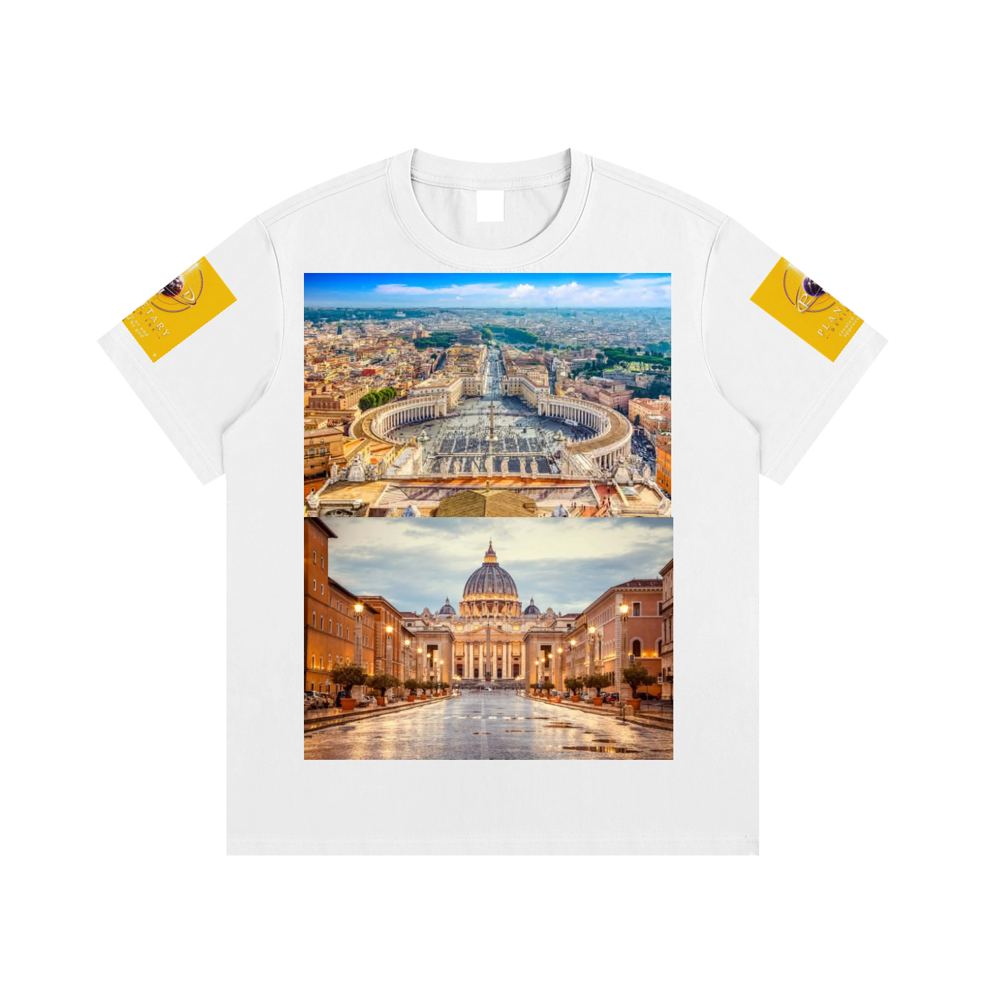 White t-shirt with a printed design of St. Peter's Basilica and Vatican City on a white background